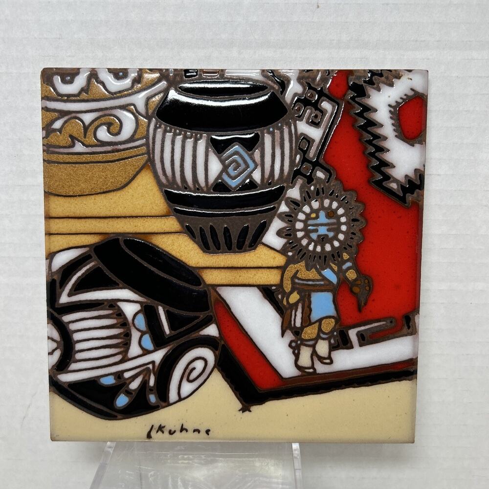 L Kuhne Glazed Art Tile/ Trivet Earthtones 1990 Tucson AZ Southwestern, Kachina